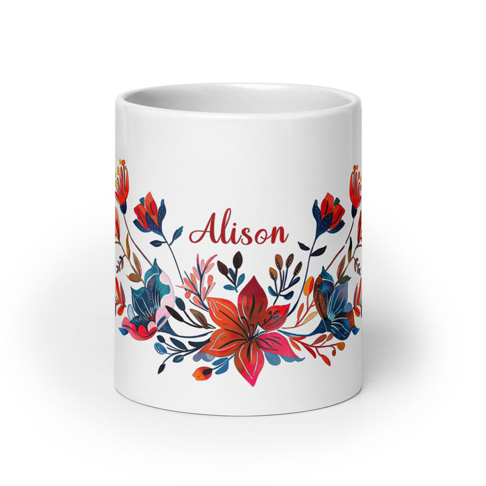 Alison Exclusive Name Art Piece Home Office Work Coffee Mug Mexican Spanish Pride Gift Cup One - Of - A - Kind Calligraphy White Glossy Mug | A30 - Mexicada