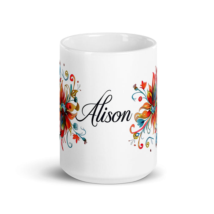 Alison Exclusive Name Art Piece Home Office Work Coffee Mug Mexican Spanish Pride Gift Cup One - Of - A - Kind Calligraphy White Glossy Mug | A31 - Mexicada