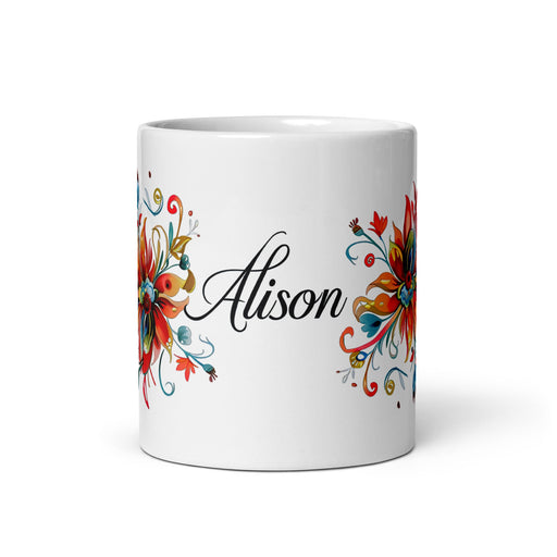 Alison Exclusive Name Art Piece Home Office Work Coffee Mug Mexican Spanish Pride Gift Cup One - Of - A - Kind Calligraphy White Glossy Mug | A31 - Mexicada