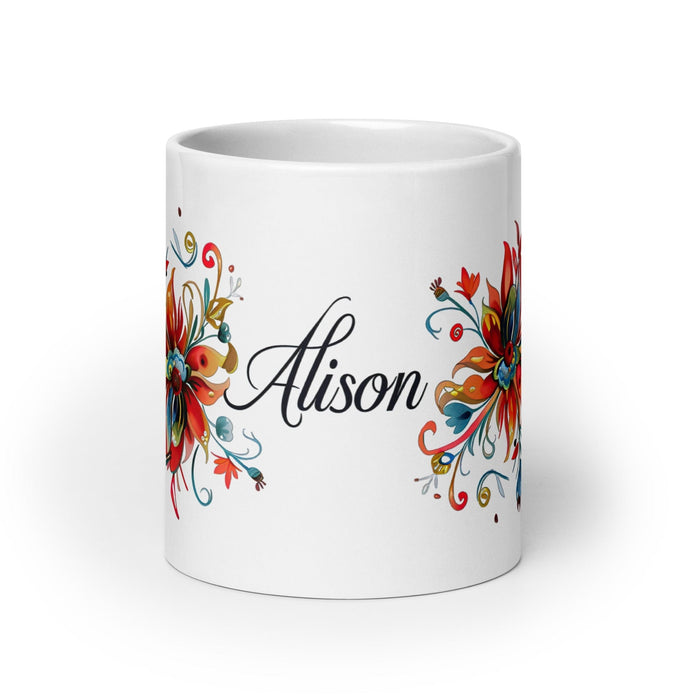 Alison Exclusive Name Art Piece Home Office Work Coffee Mug Mexican Spanish Pride Gift Cup One-Of-A-Kind Calligraphy White Glossy Mug | A31 Mexicada