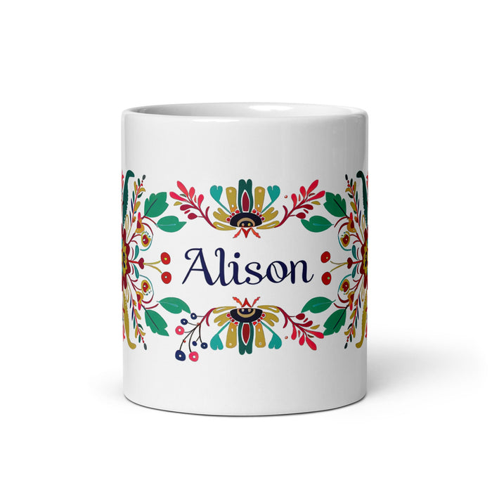 Alison Exclusive Name Art Piece Home Office Work Coffee Mug Mexican Spanish Pride Gift Cup One - Of - A - Kind Calligraphy White Glossy Mug | A32 - Mexicada