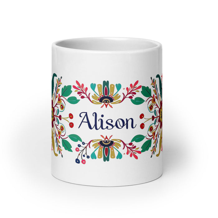 Alison Exclusive Name Art Piece Home Office Work Coffee Mug Mexican Spanish Pride Gift Cup One - Of - A - Kind Calligraphy White Glossy Mug | A32 - Mexicada