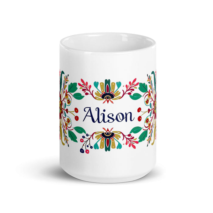 Alison Exclusive Name Art Piece Home Office Work Coffee Mug Mexican Spanish Pride Gift Cup One - Of - A - Kind Calligraphy White Glossy Mug | A32 - Mexicada