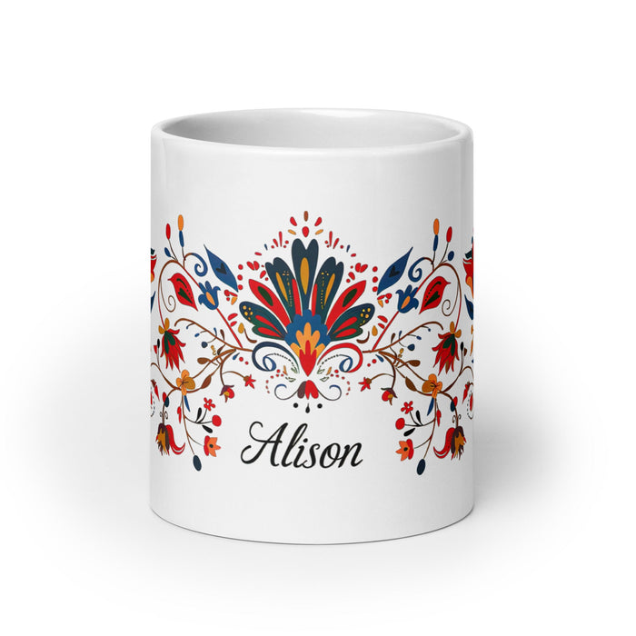 Alison Exclusive Name Art Piece Home Office Work Coffee Mug Mexican Spanish Pride Gift Cup One - Of - A - Kind Calligraphy White Glossy Mug | A33 - Mexicada