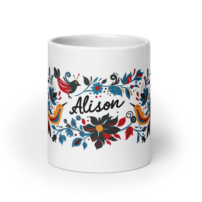 Alison Exclusive Name Art Piece Home Office Work Coffee Mug Mexican Spanish Pride Gift Cup One - Of - A - Kind Calligraphy White Glossy Mug | A34 - Mexicada