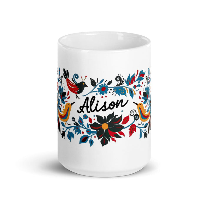 Alison Exclusive Name Art Piece Home Office Work Coffee Mug Mexican Spanish Pride Gift Cup One-Of-A-Kind Calligraphy White Glossy Mug | A34 Mexicada