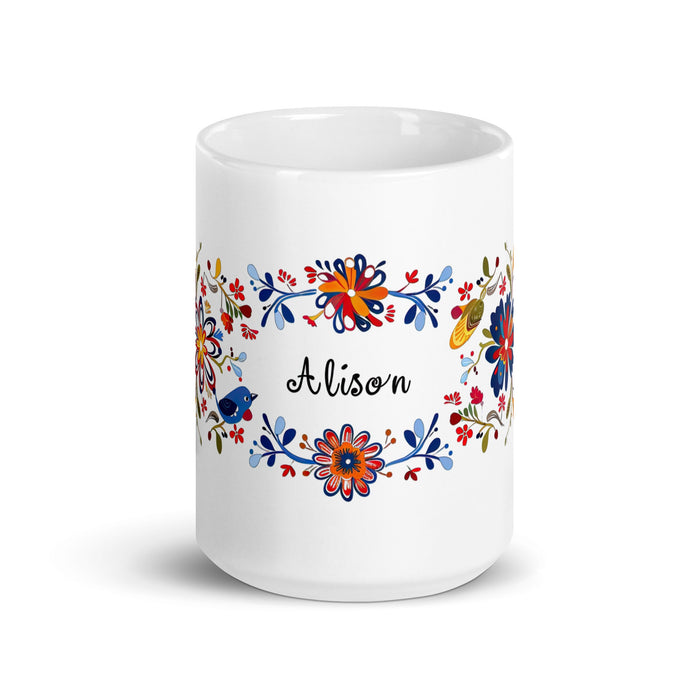 Alison Exclusive Name Art Piece Home Office Work Coffee Mug Mexican Spanish Pride Gift Cup One - Of - A - Kind Calligraphy White Glossy Mug | A35 - Mexicada