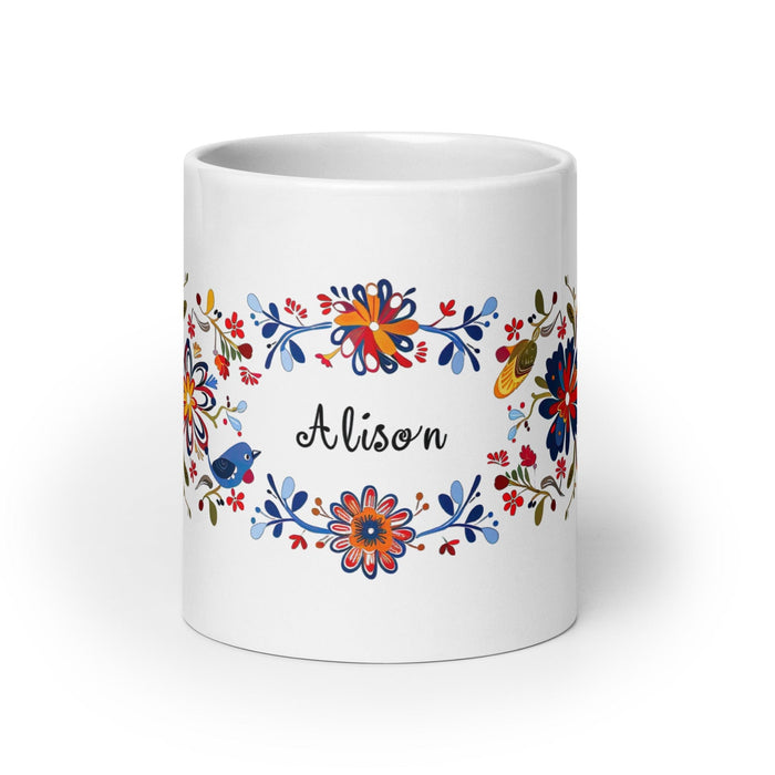 Alison Exclusive Name Art Piece Home Office Work Coffee Mug Mexican Spanish Pride Gift Cup One-Of-A-Kind Calligraphy White Glossy Mug | A35 Mexicada