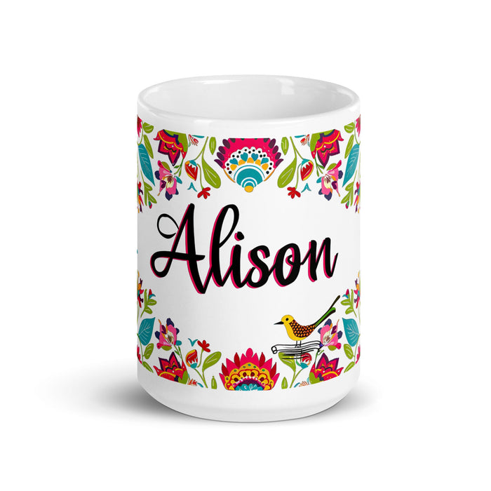 Alison Exclusive Name Art Piece Home Office Work Coffee Mug Mexican Spanish Pride Gift Cup One - Of - A - Kind Calligraphy White Glossy Mug | A36 - Mexicada