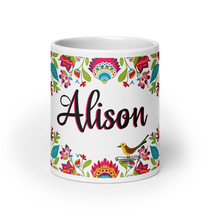 Alison Exclusive Name Art Piece Home Office Work Coffee Mug Mexican Spanish Pride Gift Cup One - Of - A - Kind Calligraphy White Glossy Mug | A36 - Mexicada