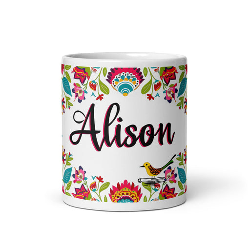 Alison Exclusive Name Art Piece Home Office Work Coffee Mug Mexican Spanish Pride Gift Cup One - Of - A - Kind Calligraphy White Glossy Mug | A36 - Mexicada