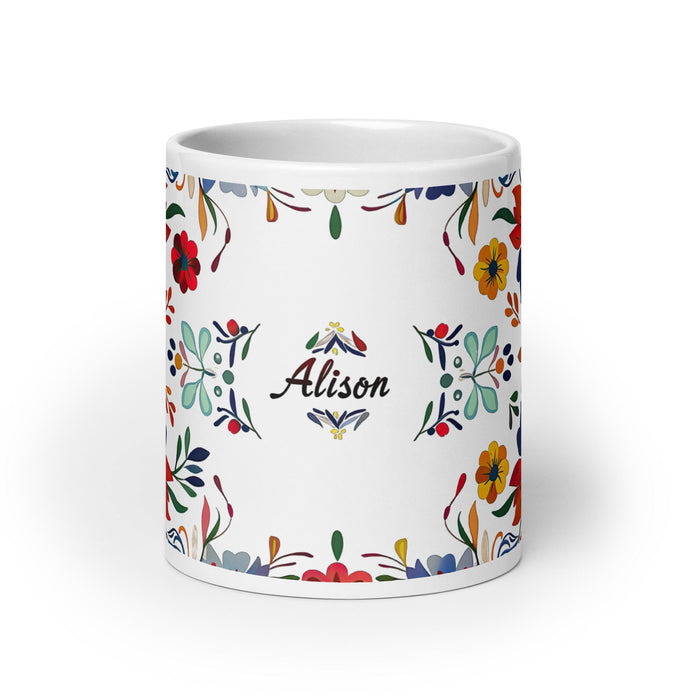 Alison Exclusive Name Art Piece Home Office Work Coffee Mug Mexican Spanish Pride Gift Cup One - Of - A - Kind Calligraphy White Glossy Mug | A4 - Mexicada