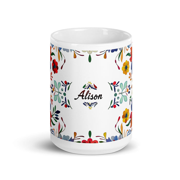 Alison Exclusive Name Art Piece Home Office Work Coffee Mug Mexican Spanish Pride Gift Cup One - Of - A - Kind Calligraphy White Glossy Mug | A4 - Mexicada