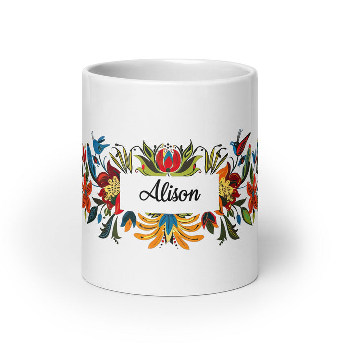 Alison Exclusive Name Art Piece Home Office Work Coffee Mug Mexican Spanish Pride Gift Cup One - Of - A - Kind Calligraphy White Glossy Mug | A5 - Mexicada