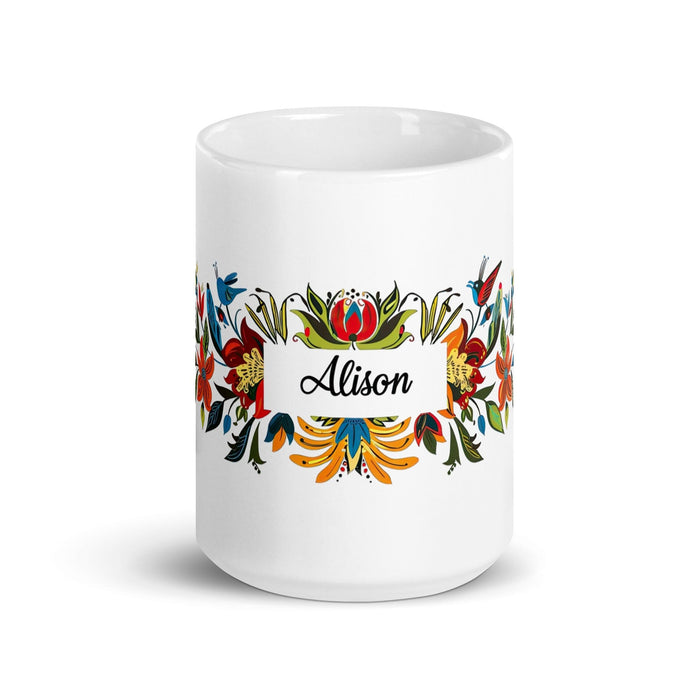 Alison Exclusive Name Art Piece Home Office Work Coffee Mug Mexican Spanish Pride Gift Cup One-Of-A-Kind Calligraphy White Glossy Mug | A5 Mexicada