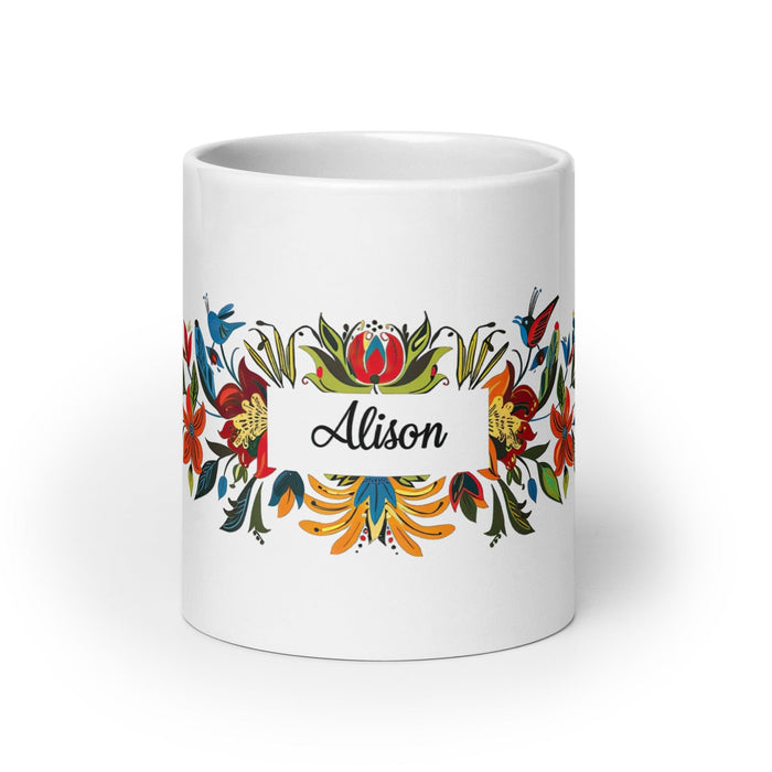 Alison Exclusive Name Art Piece Home Office Work Coffee Mug Mexican Spanish Pride Gift Cup One-Of-A-Kind Calligraphy White Glossy Mug | A5 Mexicada