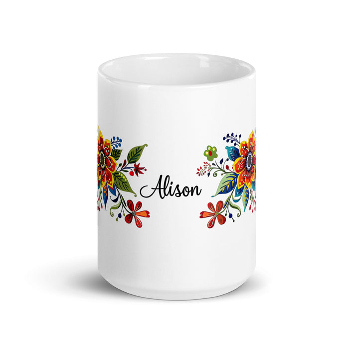 Alison Exclusive Name Art Piece Home Office Work Coffee Mug Mexican Spanish Pride Gift Cup One - Of - A - Kind Calligraphy White Glossy Mug | A6 - Mexicada