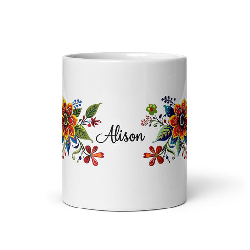 Alison Exclusive Name Art Piece Home Office Work Coffee Mug Mexican Spanish Pride Gift Cup One-Of-A-Kind Calligraphy White Glossy Mug | A6 Mexicada