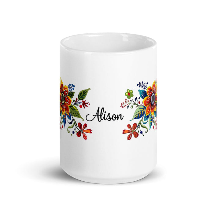 Alison Exclusive Name Art Piece Home Office Work Coffee Mug Mexican Spanish Pride Gift Cup One-Of-A-Kind Calligraphy White Glossy Mug | A6 Mexicada