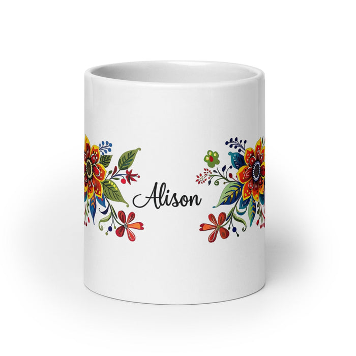 Alison Exclusive Name Art Piece Home Office Work Coffee Mug Mexican Spanish Pride Gift Cup One-Of-A-Kind Calligraphy White Glossy Mug | A6 Mexicada