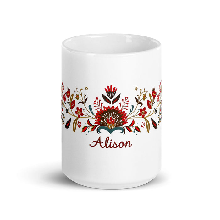 Alison Exclusive Name Art Piece Home Office Work Coffee Mug Mexican Spanish Pride Gift Cup One-Of-A-Kind Calligraphy White Glossy Mug | A7 Mexicada