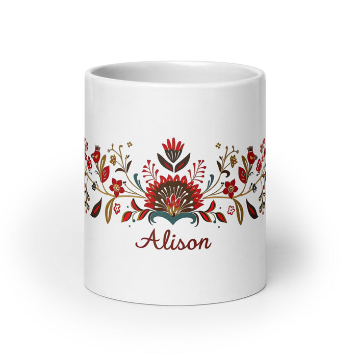 Alison Exclusive Name Art Piece Home Office Work Coffee Mug Mexican Spanish Pride Gift Cup One-Of-A-Kind Calligraphy White Glossy Mug | A7 Mexicada