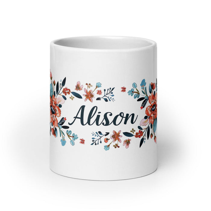 Alison Exclusive Name Art Piece Home Office Work Coffee Mug Mexican Spanish Pride Gift Cup One-Of-A-Kind Calligraphy White Glossy Mug | A9 Mexicada