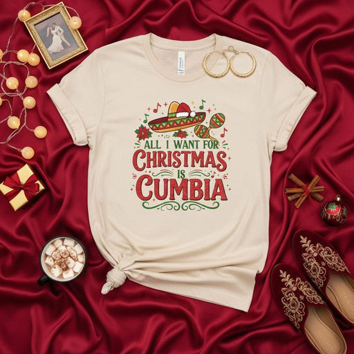 All I Want For Christmas Is Cumbia T-Shirt with Sombrero Maraca Holiday Music Tee, Festive Latin Dance Christmas Party Top, Unisex Shirt Gift Mexicada