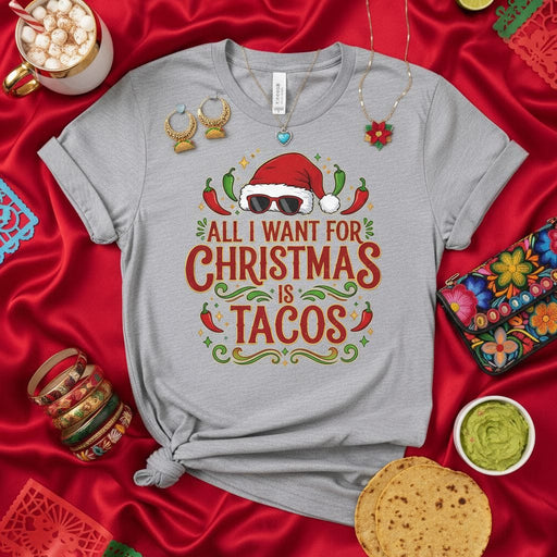 All I Want For Christmas Is Tacos Shirt, Funny Christmas T-Shirt, Santa Hat Sunglasses Chili Pepper Mexican Food Holiday Tee, Unisex Graphic Top Mexicada