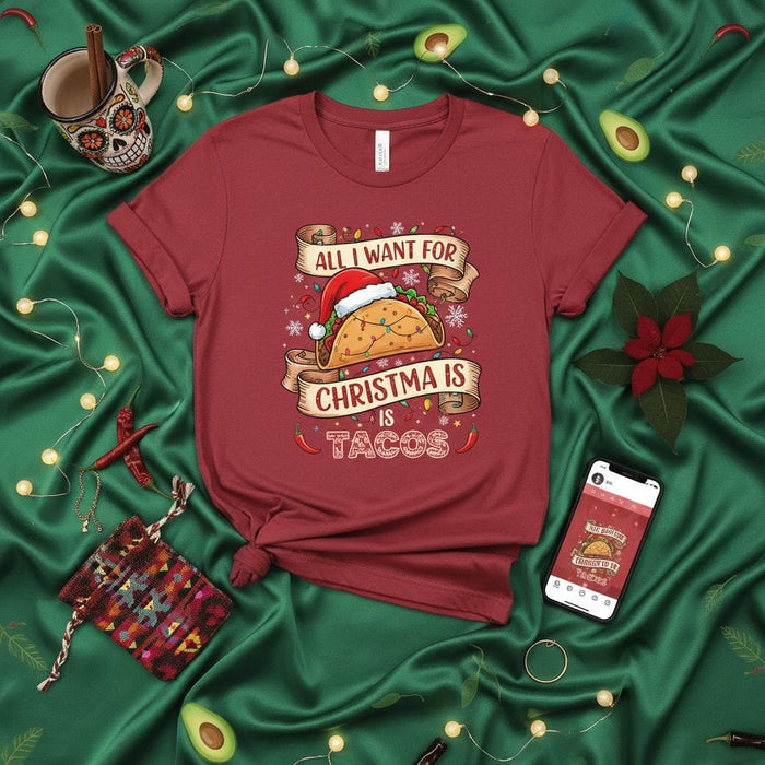 All I Want For Christmas Is Tacos Shirt, Funny Christmas Taco Lover Tee, Festive Holiday Mexican Food Santa Hat Graphic T-Shirt, Unisex Gift Idea for Taco Fans Mexicada