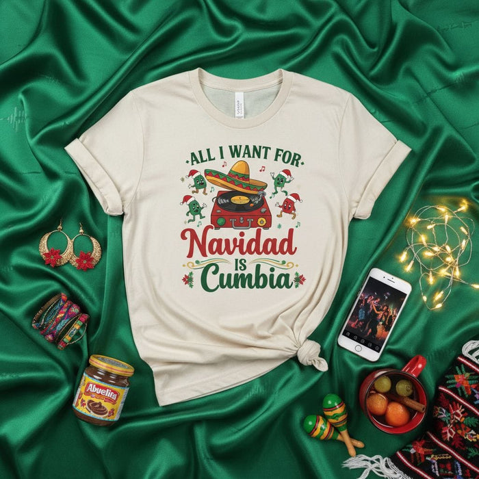 All I Want for Navidad Is Cumbia T-Shirt, Funny Christmas Latin Music Tee with Sombrero Turntable and Dancing Elves, Holiday Party Gift for Cumbia Lovers Mexicada