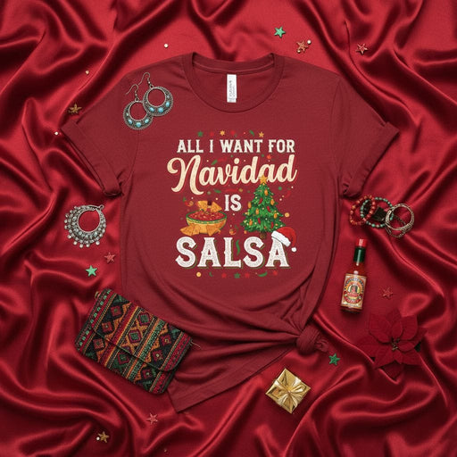 All I Want For Navidad Is Salsa Christmas T-Shirt, Funny Holiday Fiesta Tee, Mexican Food Lover Gift, Unisex Xmas Party Top with Chili and Tree Graphic Mexicada