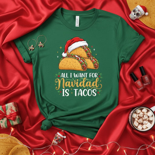 All I Want For Navidad Is Tacos Christmas Shirt, Funny Mexican Holiday Food Tee, Xmas Sombrero Santa Hat Taco Lover Unisex T-Shirt, Fiesta Gift Idea Mexicada