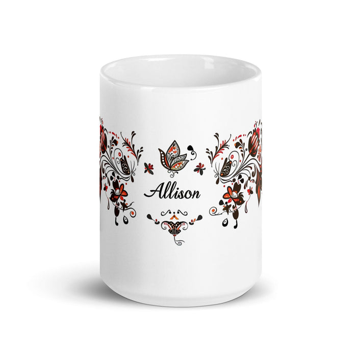 Allison Exclusive Name Art Piece Home Office Work Coffee Mug Mexican Spanish Pride Gift Cup One-Of-A-Kind Calligraphy White Glossy Mug | A11 Mexicada