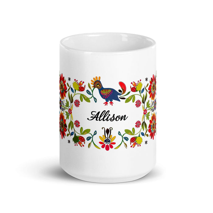 Allison Exclusive Name Art Piece Home Office Work Coffee Mug Mexican Spanish Pride Gift Cup One-Of-A-Kind Calligraphy White Glossy Mug | A12 Mexicada