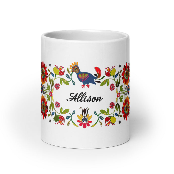 Allison Exclusive Name Art Piece Home Office Work Coffee Mug Mexican Spanish Pride Gift Cup One-Of-A-Kind Calligraphy White Glossy Mug | A12 Mexicada