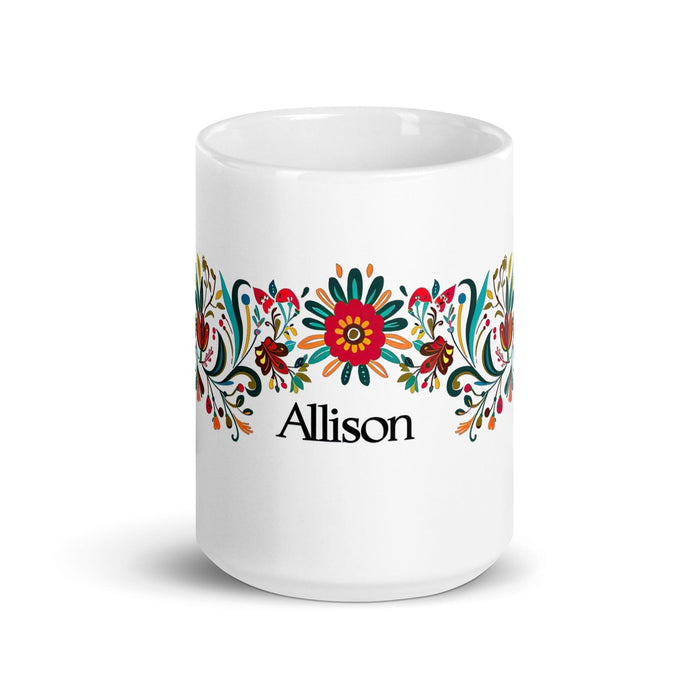 Allison Exclusive Name Art Piece Home Office Work Coffee Mug Mexican Spanish Pride Gift Cup One-Of-A-Kind Calligraphy White Glossy Mug | A14 Mexicada