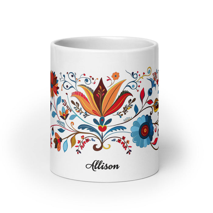 Allison Exclusive Name Art Piece Home Office Work Coffee Mug Mexican Spanish Pride Gift Cup One - Of - A - Kind Calligraphy White Glossy Mug | A16 - Mexicada