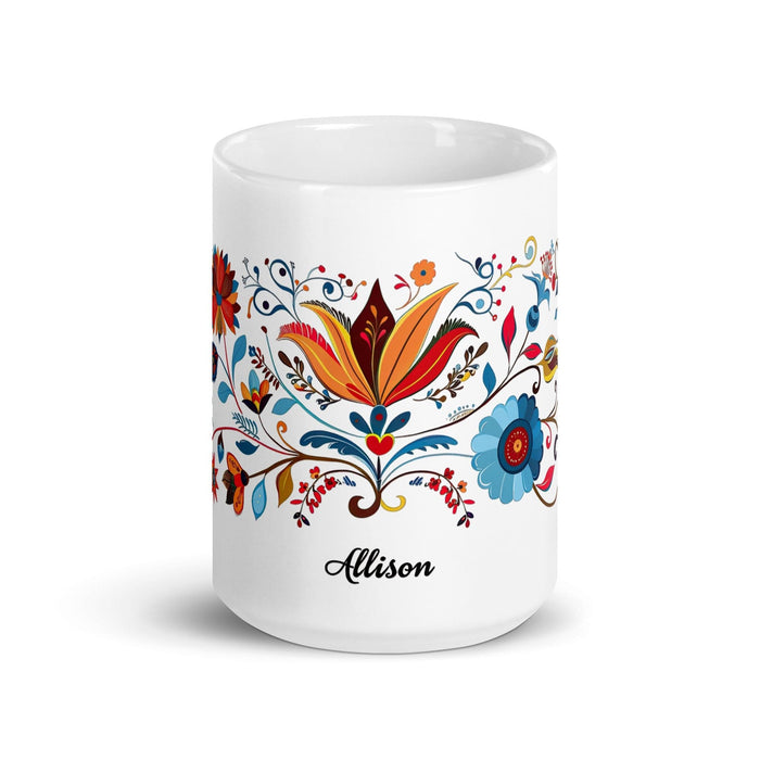 Allison Exclusive Name Art Piece Home Office Work Coffee Mug Mexican Spanish Pride Gift Cup One-Of-A-Kind Calligraphy White Glossy Mug | A16 Mexicada