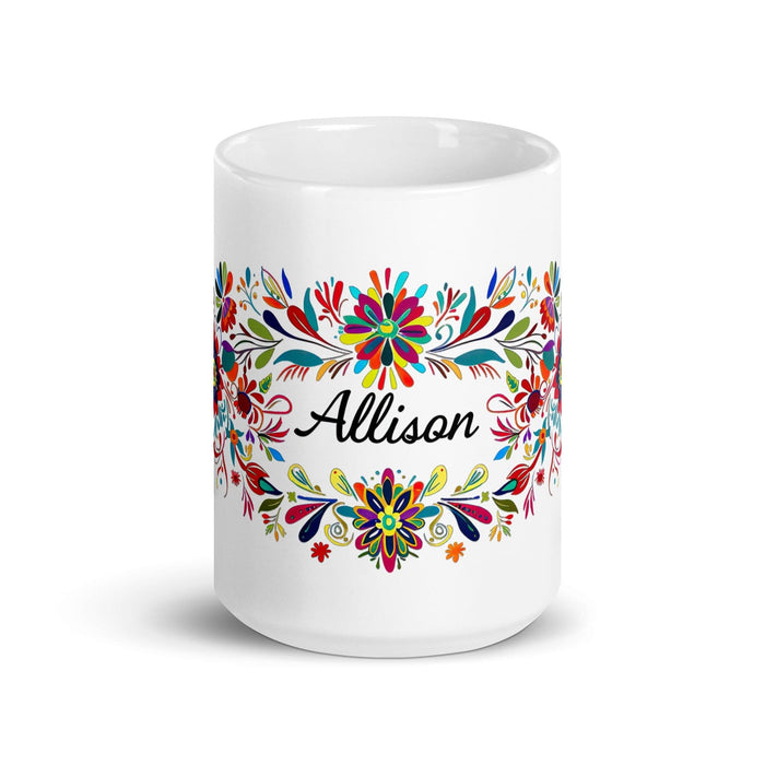 Allison Exclusive Name Art Piece Home Office Work Coffee Mug Mexican Spanish Pride Gift Cup One-Of-A-Kind Calligraphy White Glossy Mug | A2 Mexicada