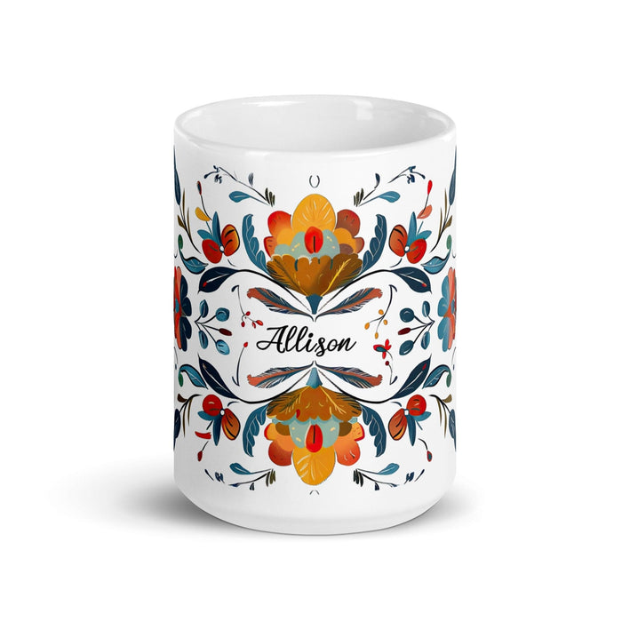 Allison Exclusive Name Art Piece Home Office Work Coffee Mug Mexican Spanish Pride Gift Cup One-Of-A-Kind Calligraphy White Glossy Mug | A7 Mexicada