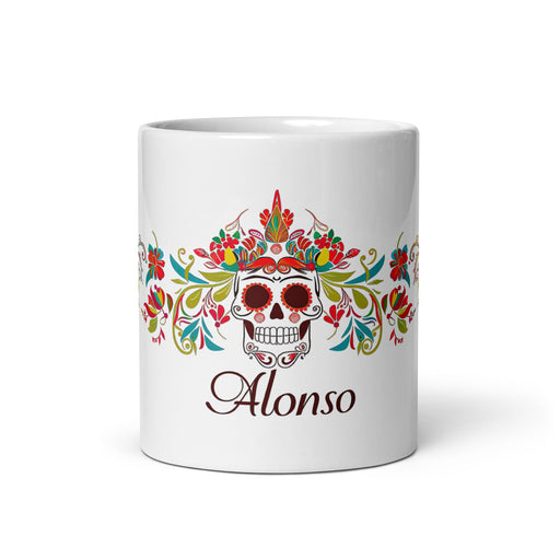 Alonso Exclusive Name Art Piece Home Office Work Coffee Mug Mexican Spanish Pride Gift Cup One - Of - A - Kind Calligraphy White Glossy Mug | A2 - Mexicada