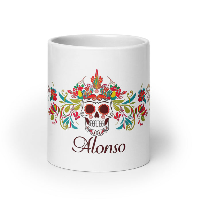 Alonso Exclusive Name Art Piece Home Office Work Coffee Mug Mexican Spanish Pride Gift Cup One - Of - A - Kind Calligraphy White Glossy Mug | A2 - Mexicada