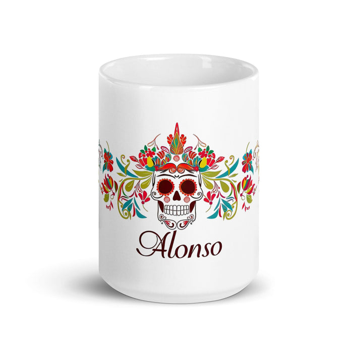 Alonso Exclusive Name Art Piece Home Office Work Coffee Mug Mexican Spanish Pride Gift Cup One-Of-A-Kind Calligraphy White Glossy Mug | A2 Mexicada