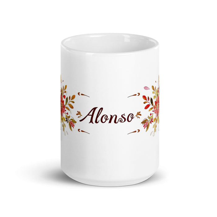 Alonso Exclusive Name Art Piece Home Office Work Coffee Mug Mexican Spanish Pride Gift Cup One - Of - A - Kind Calligraphy White Glossy Mug | A6 - Mexicada