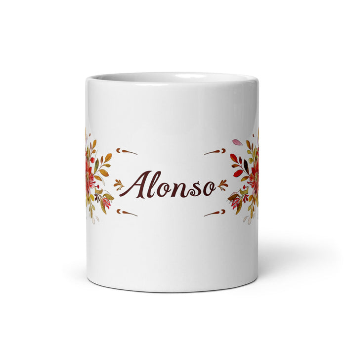 Alonso Exclusive Name Art Piece Home Office Work Coffee Mug Mexican Spanish Pride Gift Cup One - Of - A - Kind Calligraphy White Glossy Mug | A6 - Mexicada