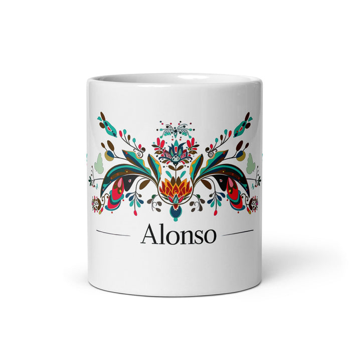 Alonso Exclusive Name Art Piece Home Office Work Coffee Mug Mexican Spanish Pride Gift Cup One - Of - A - Kind Calligraphy White Glossy Mug | A7 - Mexicada