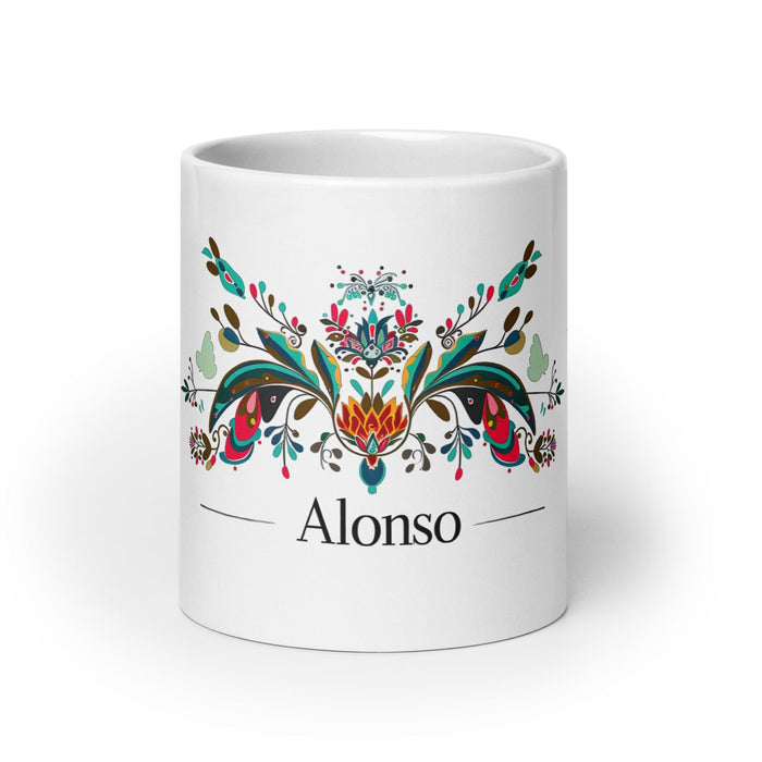 Alonso Exclusive Name Art Piece Home Office Work Coffee Mug Mexican Spanish Pride Gift Cup One-Of-A-Kind Calligraphy White Glossy Mug | A7 Mexicada