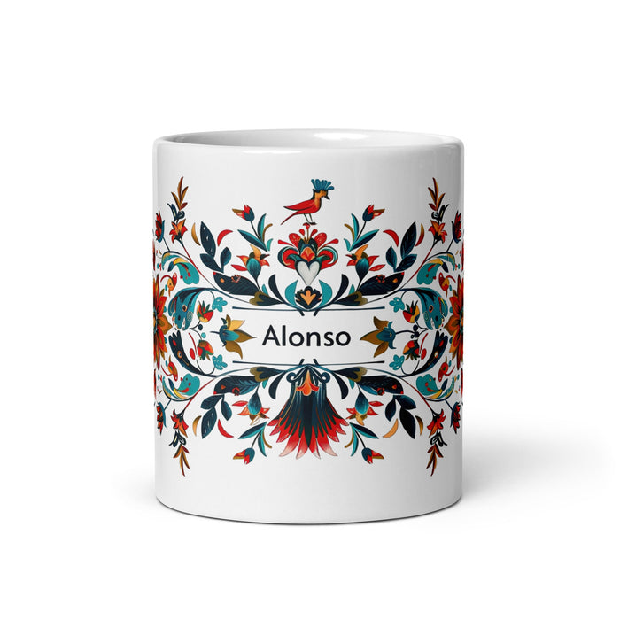 Alonso Exclusive Name Art Piece Home Office Work Coffee Mug Mexican Spanish Pride Gift Cup One - Of - A - Kind Calligraphy White Glossy Mug | A8 - Mexicada