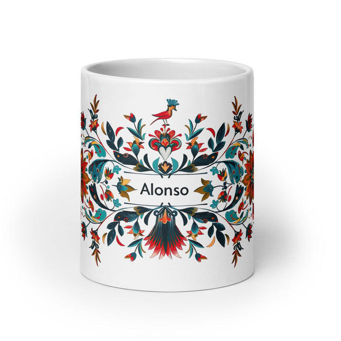 Alonso Exclusive Name Art Piece Home Office Work Coffee Mug Mexican Spanish Pride Gift Cup One - Of - A - Kind Calligraphy White Glossy Mug | A8 - Mexicada